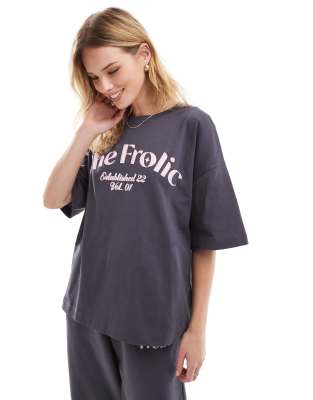 The Frolic X Bella Stovey Exclusive Oversized Logo T-shirt In Charcoal - Part Of A Set-gray