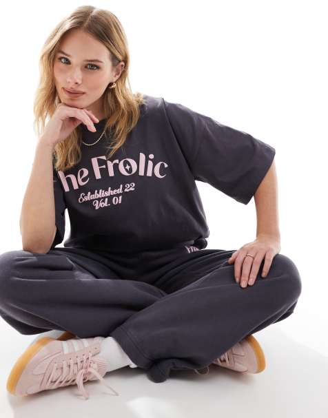 The Frolic x Bella Stovey exclusive oversized logo t-shirt, sweatshirt and wide leg jogger co-ord in charcoal - view 1
