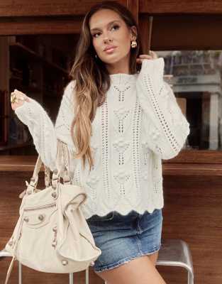 x Bella Stovey exclusive pointelle scallop edge sweater in cream-White