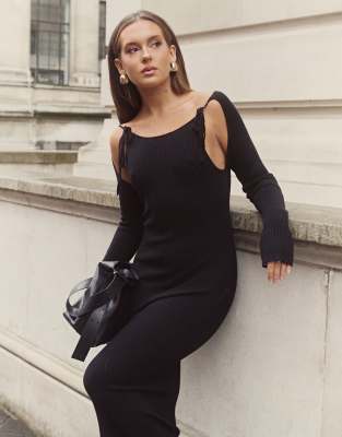 x Bella Stovey exclusive ribbed cut out tie detail midaxi sweater dress in black