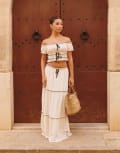 [The Frolic] The Frolic x Lydia Kara exclusive bardot contrast lettuce edge crop top in cream (Part of a set)-White 44 CREAM