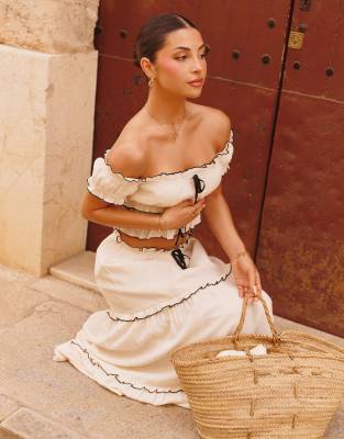 The Frolic X Lydia Kara Exclusive Bardot Contrast Lettuce Edge Crop Top In White