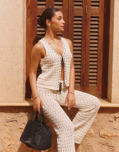 The Frolic x Lydia Kara exclusive crochet contrast thread trim beach waistcoat top co-ord in cream - view 1