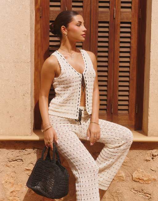 The Frolic x Lydia Kara exclusive crochet contrast thread trim beach waistcoat top in cream (Part of a set)