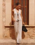 [The Frolic] The Frolic x Lydia Kara exclusive crochet contrast thread trim wide leg beach pants in cream (Part of a set)-White 34 Cream