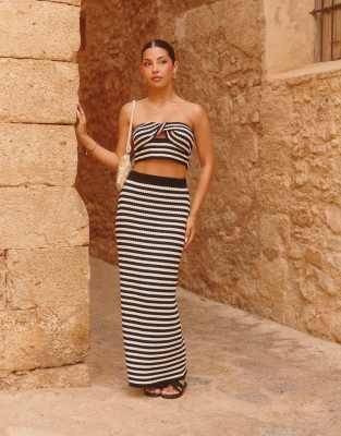 The Frolic The Frolic x Lydia Kara exclusive crochet high waisted maxi beach skirt co-ord in black and white stripe-Multi