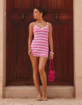 [The Frolic] The Frolic x Lydia Kara exclusive crochet scallop trim cami mini beach dress in pink stripe 40 Pink Stripe