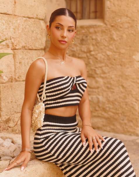 The Frolic x Lydia Kara exclusive crochet twist front bandeau top & high waisted maxi skirt co-ord in black & white str - view 1
