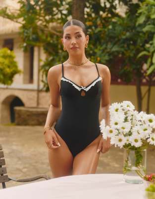 The Frolic The Frolic x Lydia Kara exclusive cupped contrast ruffle trim swimsuit in black