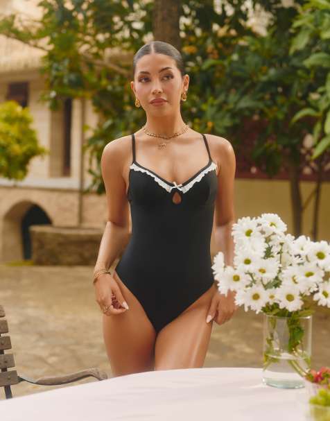 The Frolic x Lydia Kara exclusive cupped contrast ruffle trim swimsuit in black - view 1