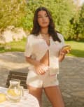 [The Frolic] The Frolic x Lydia Kara exclusive floral crochet contrast trim beach shirt in cream and pink (Part of a set)-Multi 40 Cream & Pink