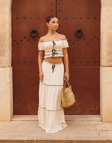 The Frolic x Lydia Kara exclusive bardot contrast lettuce edge crop top co-ord in cream
