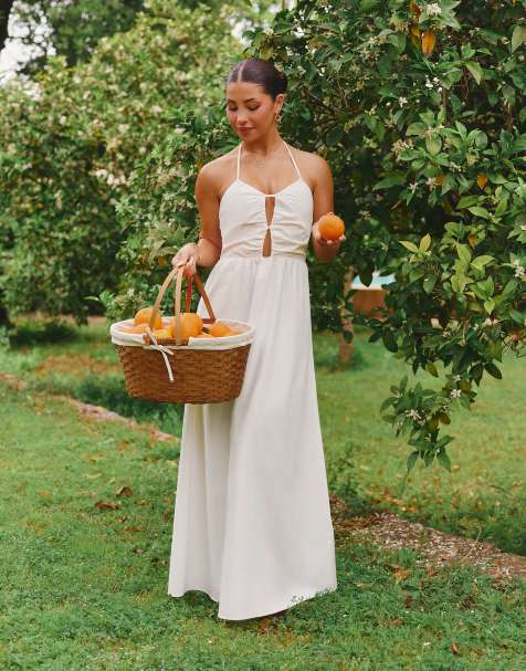 The Frolic x Lydia Kara exclusive linen look halterneck keyhole detail maxi dress in white - view 1