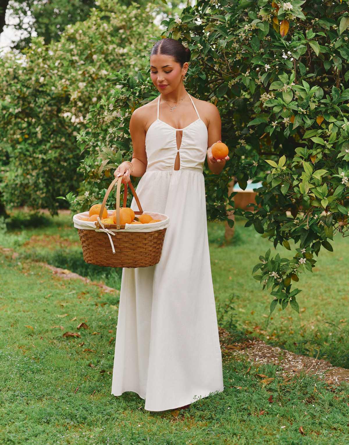 The Frolic x Lydia Kara exclusive linen look halterneck keyhole detail maxi dress in white
