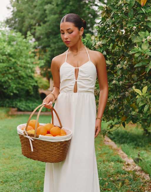 The Frolic x Lydia Kara exclusive linen look halterneck keyhole detail maxi dress in white