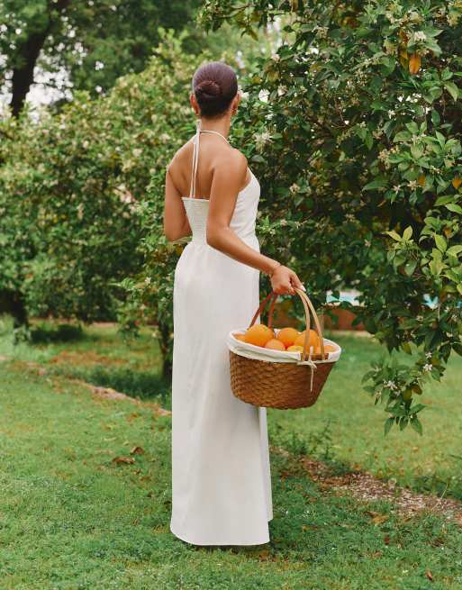 The Frolic x Lydia Kara exclusive linen look halterneck keyhole detail maxi dress in white