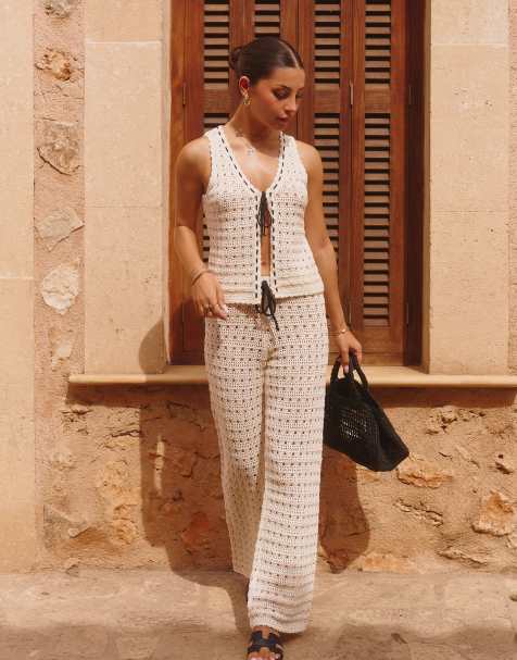 The Frolic x Lydia Kara exclusive crochet contrast thread trim wide leg beach trouser co-ord in cream