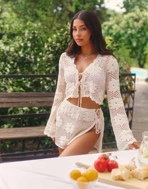 The Frolic x Lydia Kara exclusive crochet tie side mini beach skirt co-ord in cream floral