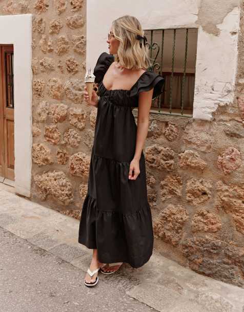 The Frolic X Lyds Butler escora frill detail tie back maxi tiered beach dress in black - view 1