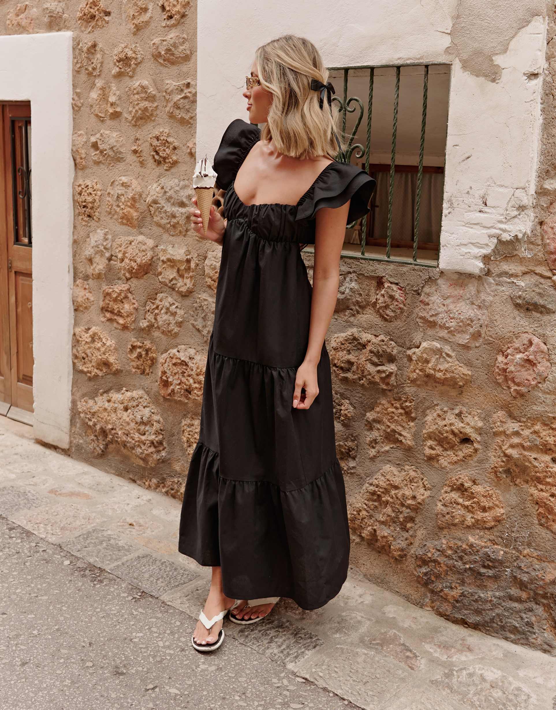 the frolic x lyds butler escora frill detail tie back maxi tiered beach dress in black