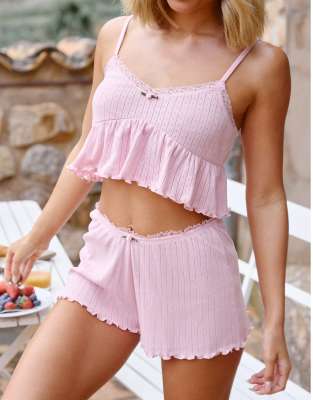 The Frolic x Lyds Butler Sonny pyjama shorts with lettuce edge in pink - LPINK