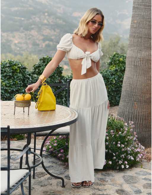 The Frolic x Lyds Butler tiered maxi beach skirt in cream linen (part of a set)  