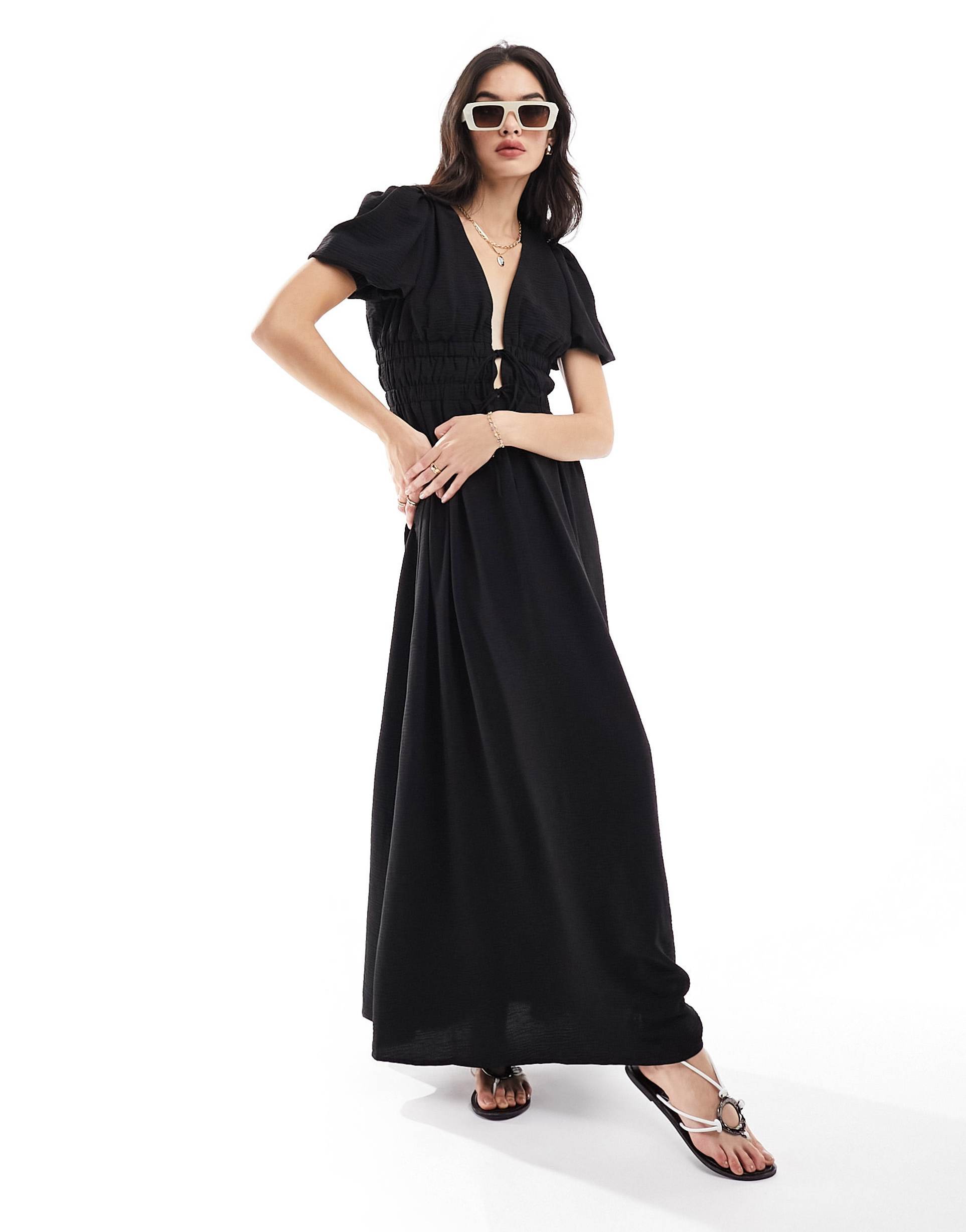 the frolic yasha tie detail maxi beach dress in black