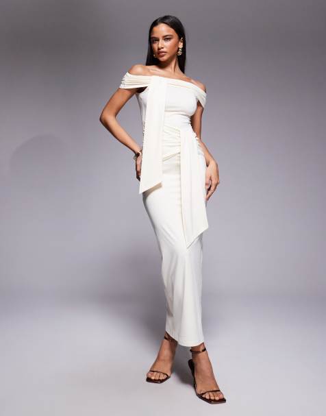 The Frolix - Exclusives - Maxi-bardotjurk van gladde stof met gedrapeerd detail in crème - view 1