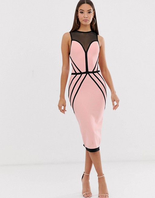 The Girlcode contrast bandage midi dress in pink and black