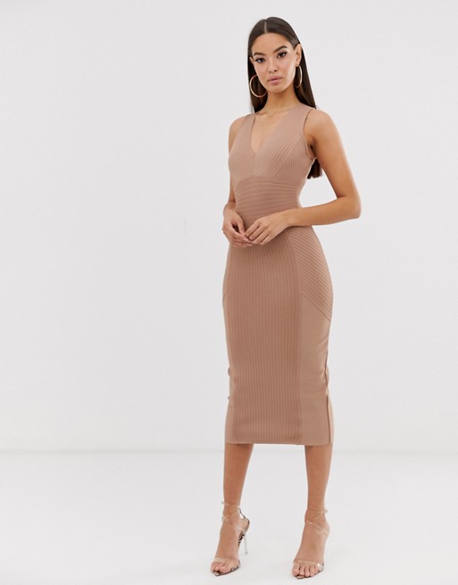 The Girlcode pleated bandage mini plunge dress in taupe