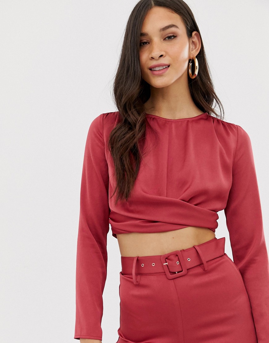 The Girlcode satin long sleeve crop top with twist detail in cranberry-Red