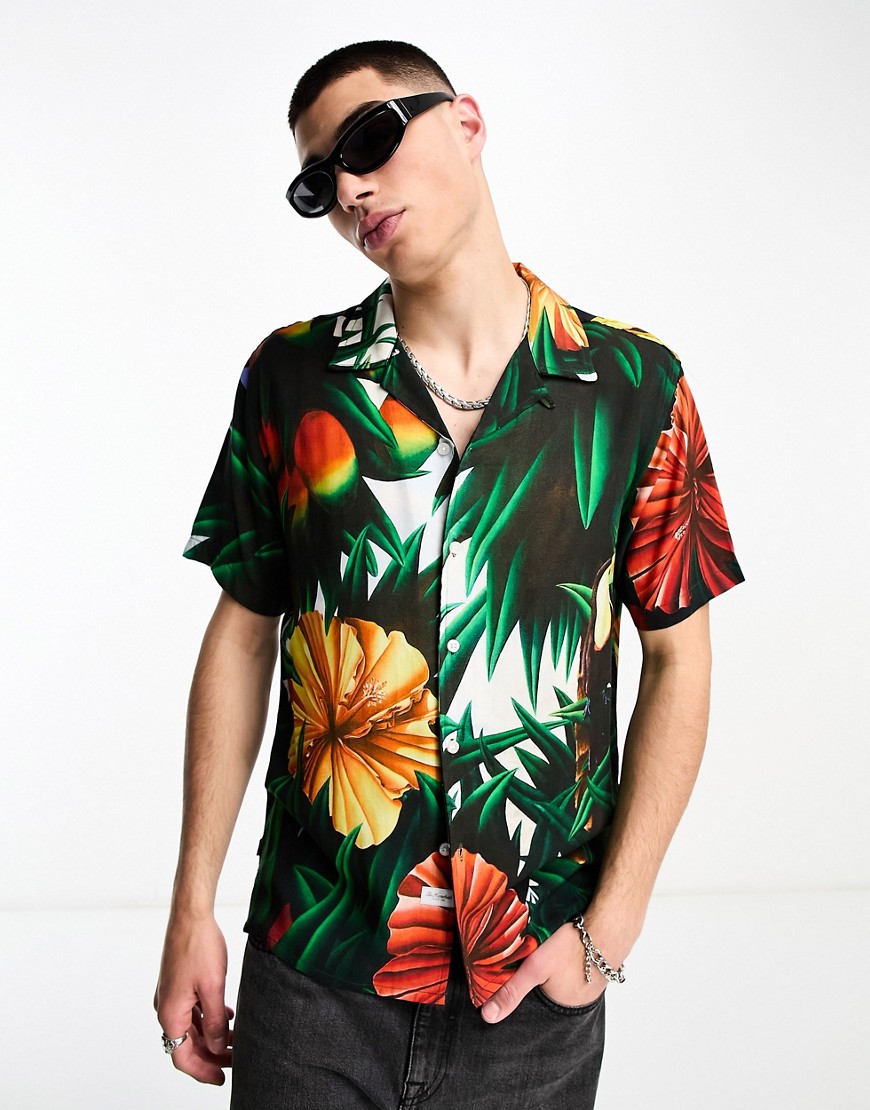 The Hundreds blooming short sleeve revere collared shirt with all over tropical print-Black