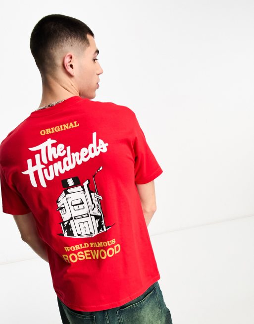 The Hundreds – Czerwony T-shirt z nadrukiem „World Famous” z przodu i z tyłu