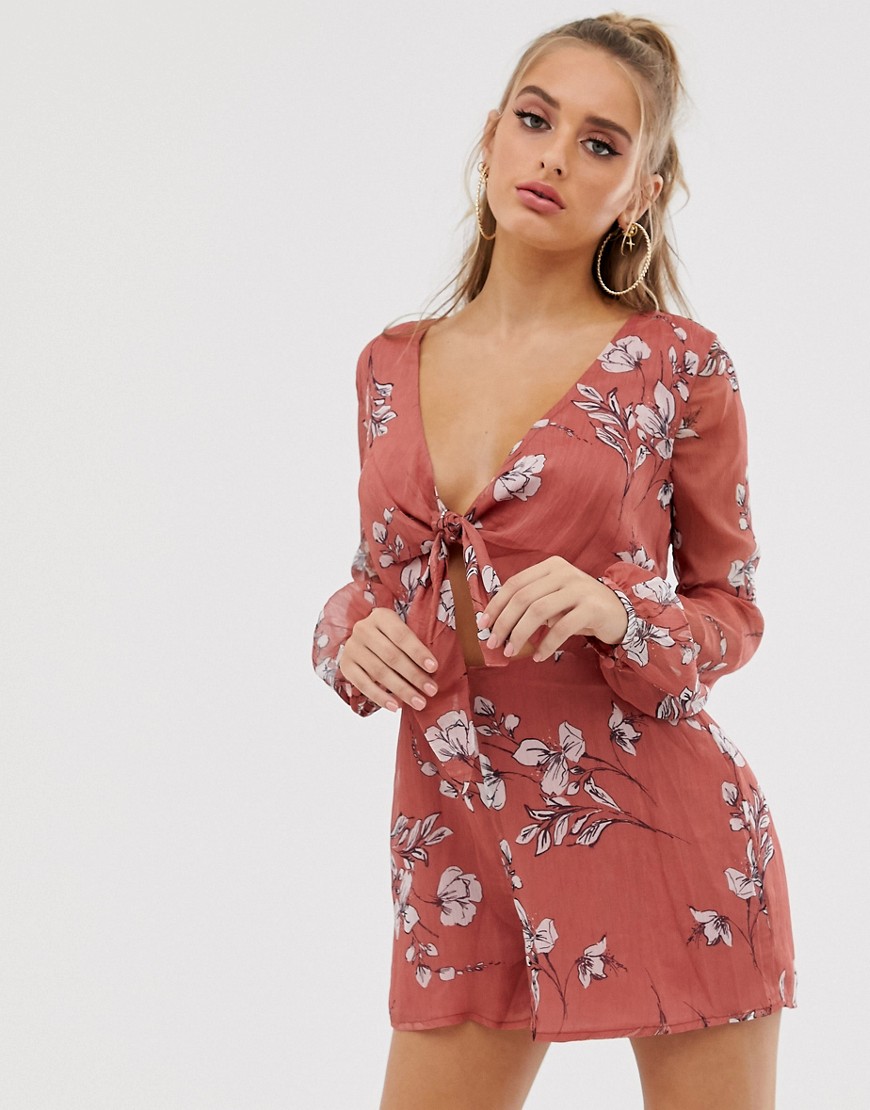The Jetset Diaries Oasis Floral Tie Front Playsuit-Red