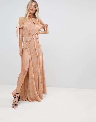 The Jetset Diaries Sierra Lace Thigh Split Cold Shoulder Maxi Dress-Pink