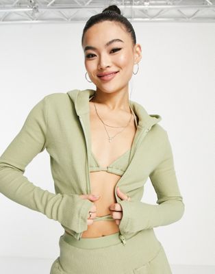 The Kript 2 piece rib crop top and hoodie in pistachio co-ord