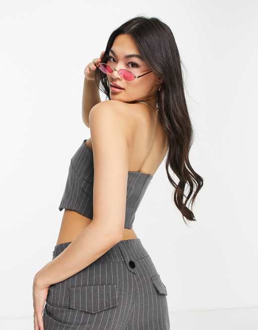 Tall Grey Pinstripe Bandeau Zip Up Top, Tall