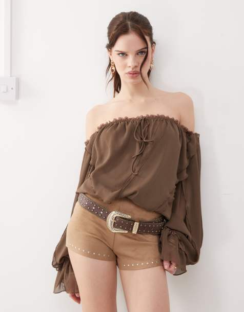 The Kript boho off shoulder ruffle top in brown