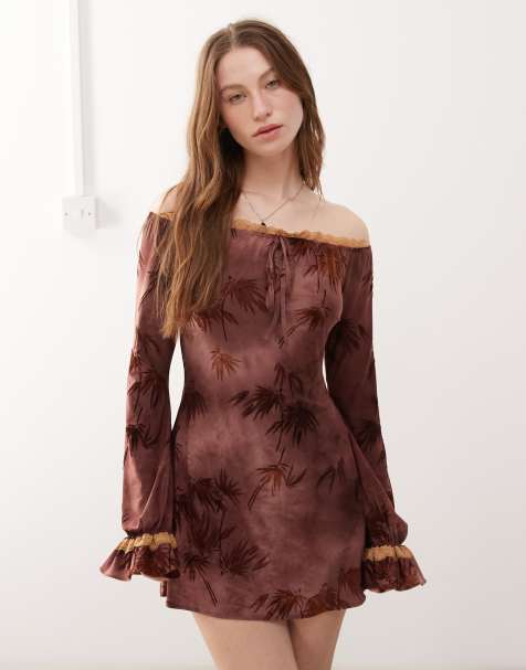 The Kript boho off the shoulder mini dress with lace detailing in burgundy print - view 1