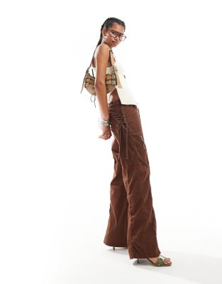 The Kript Carver cargo pants with adjustable drawstring waist and a lace up panel back in brown