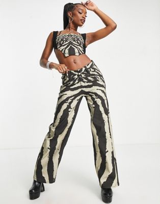 The Kript co-ord v waist baggy jeans in abstract zebra