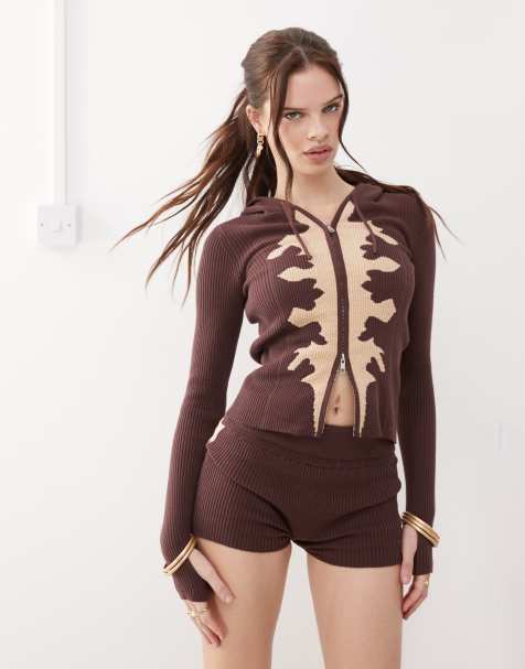 The kript cow print micro mini knit shorts in brown co-ord