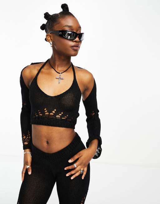 The Kript - Crop top allacciato al collo in maglia traforata con dettaglio stile coprispalle in coordinato