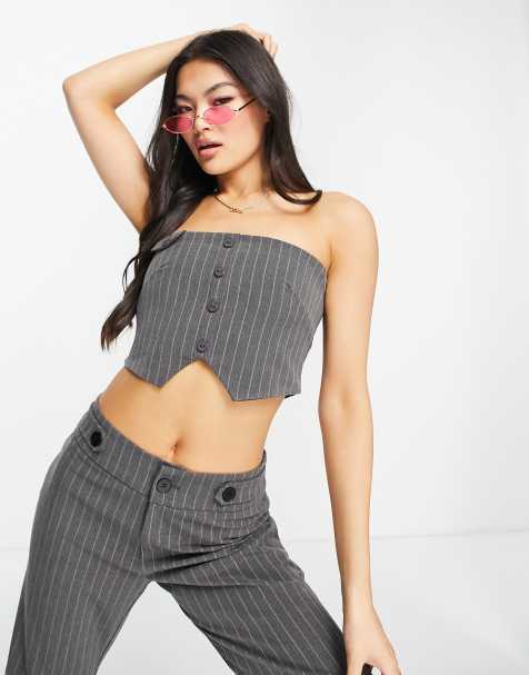 The Kript - Crop top bandeau boutonné d'ensemble style années 90 - Gris à fines rayures - view 1