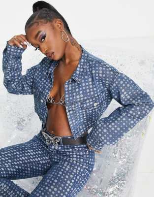 The Kript The Kript cropped denim jacket in warped spot co-ord-Blue