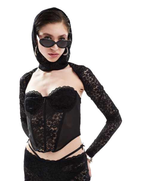 The Kript cut out lace corset with sleeves and hood co-ord - view 1