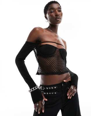 The Kript fishnet long sleeve cut out crop top in black