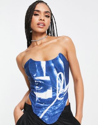 The Kript fitted corset in Y2K blue abstract print