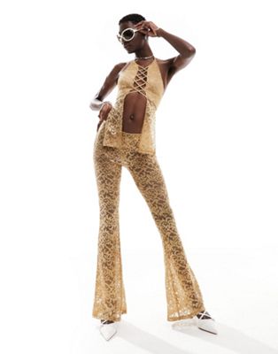 The Kript flare trousers with thong in tan lace co-ord