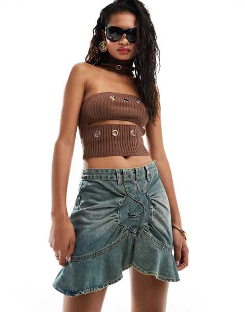 The Kript frill detail mini skirt in dirty wash denim - view 1